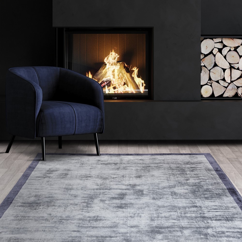 Blade Border Fine Modern Plain Rugs in Airforce Navy Blue